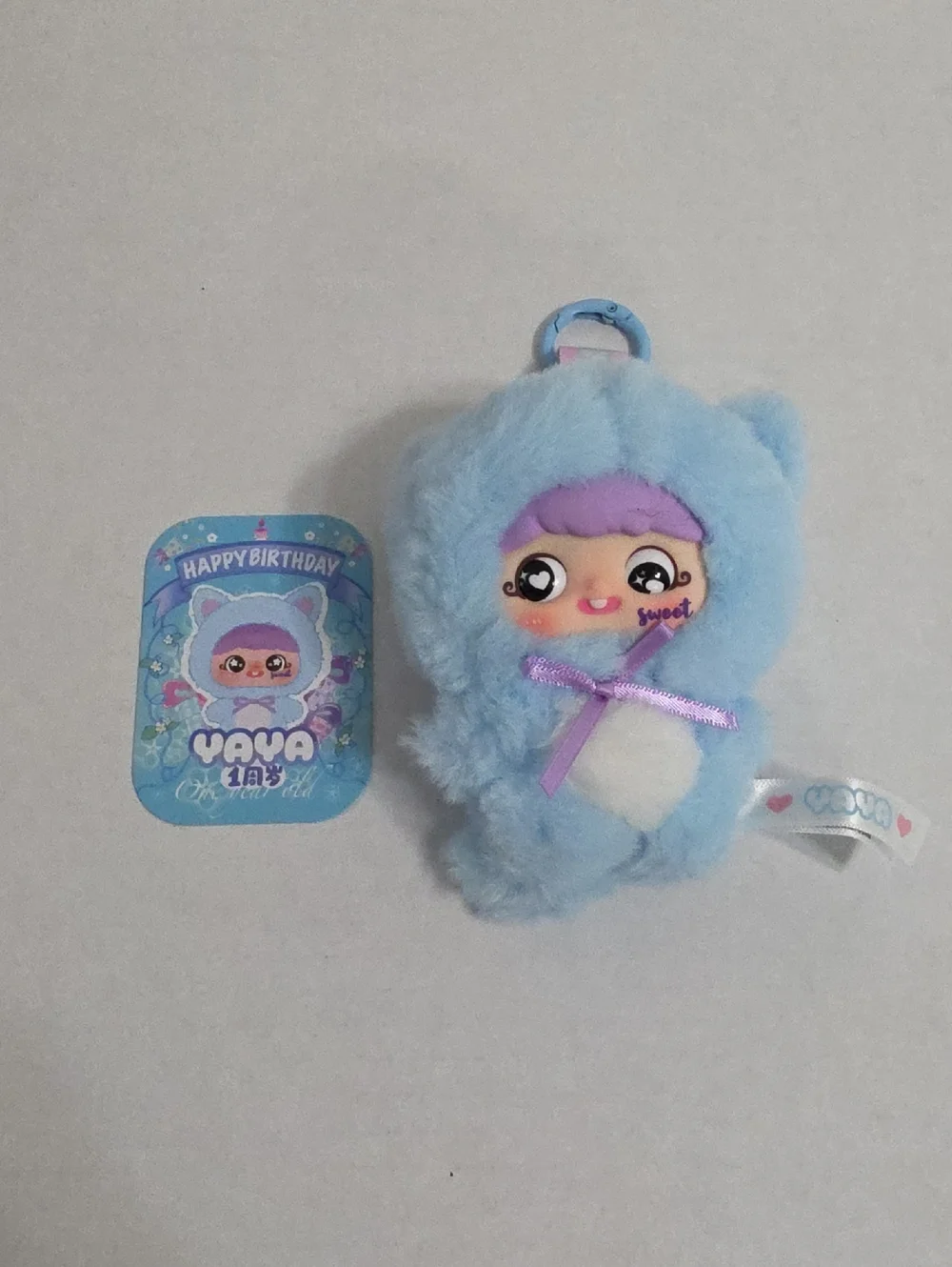 YAYA First Birthday Plush Blue Doll Keychain - Cute Cozy Pocket Toy